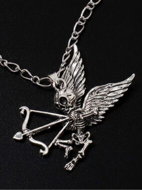 “Gothic Cupid” Winged Skeleton Bow & Arrow Punk Edgy Spooky Creepy Cute Necklace
